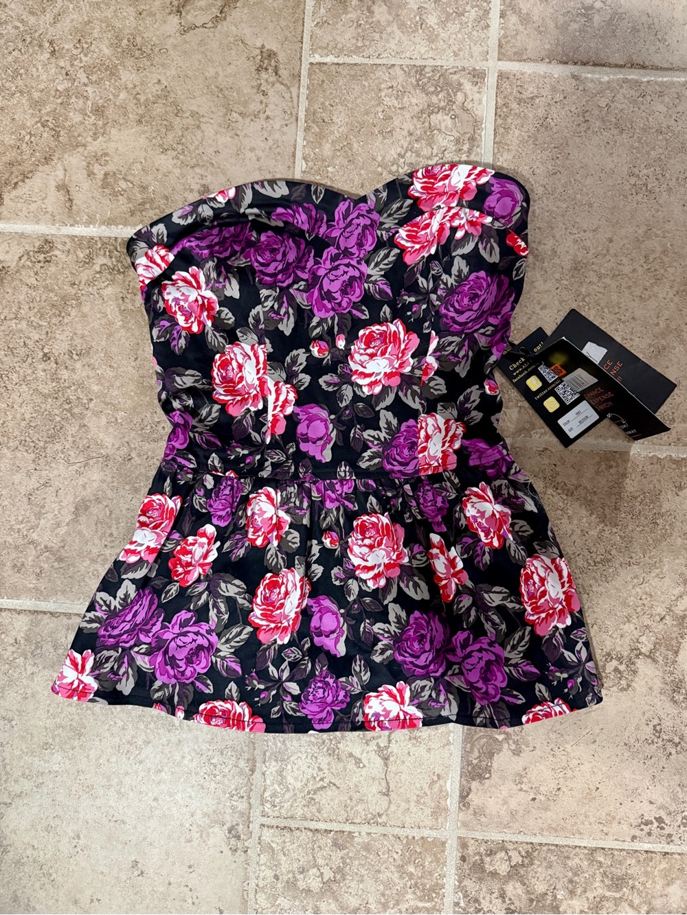 Black Floral Strapless Peplum top - Purple & Pink Roses